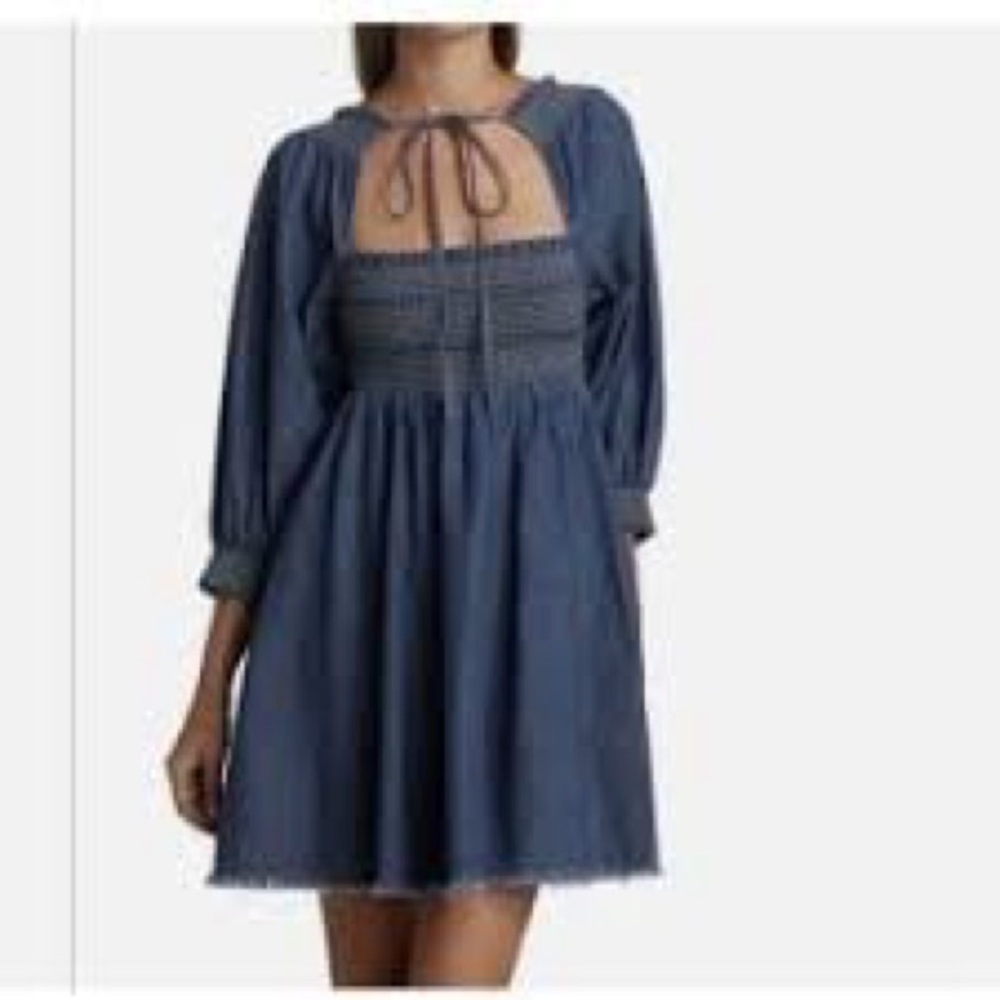 Free people Chanel’s tie neck smocked denim mini dress Medium Coquette Milkmaid